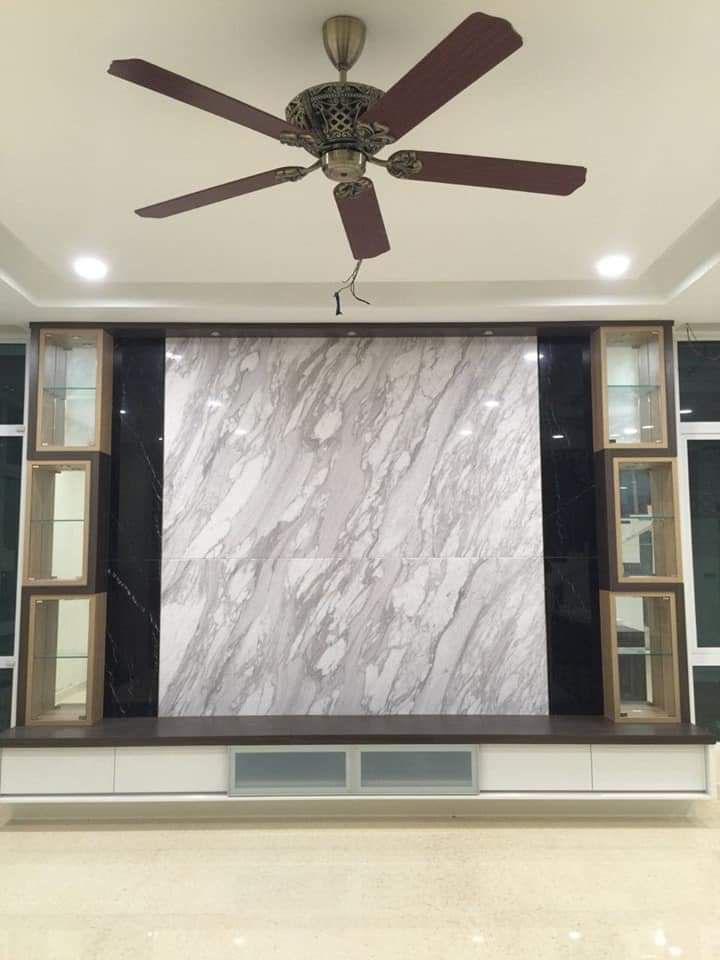 Marble TV wall with wooden display cabinets
