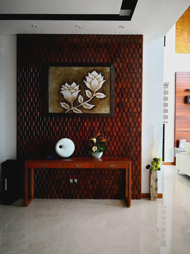 Solid wood block feature wall with console table