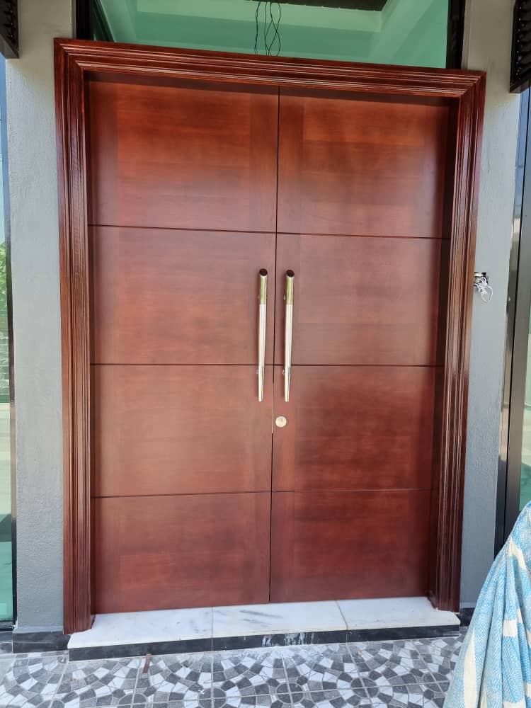 Classic solid wood double entrance door with brass handles